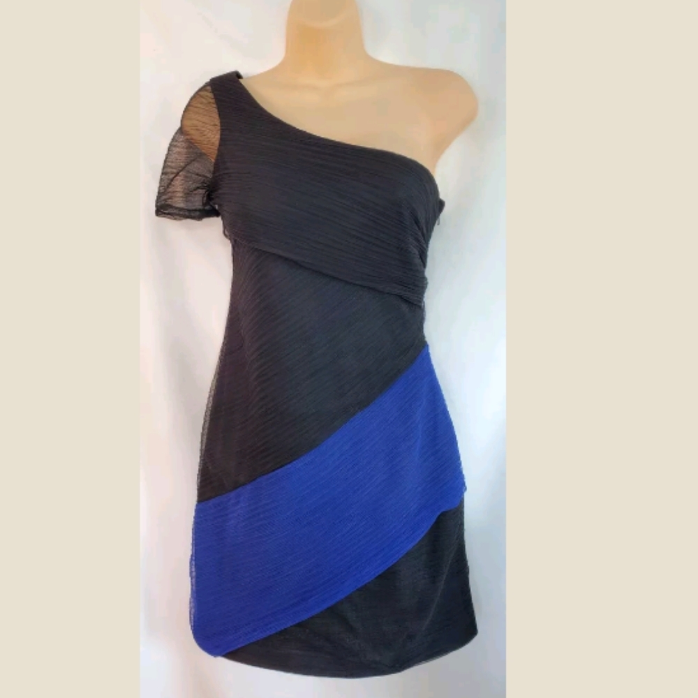 Womens BCBGENERATION Black Royal Blue One Shoulder Short Lined Dress Size 2